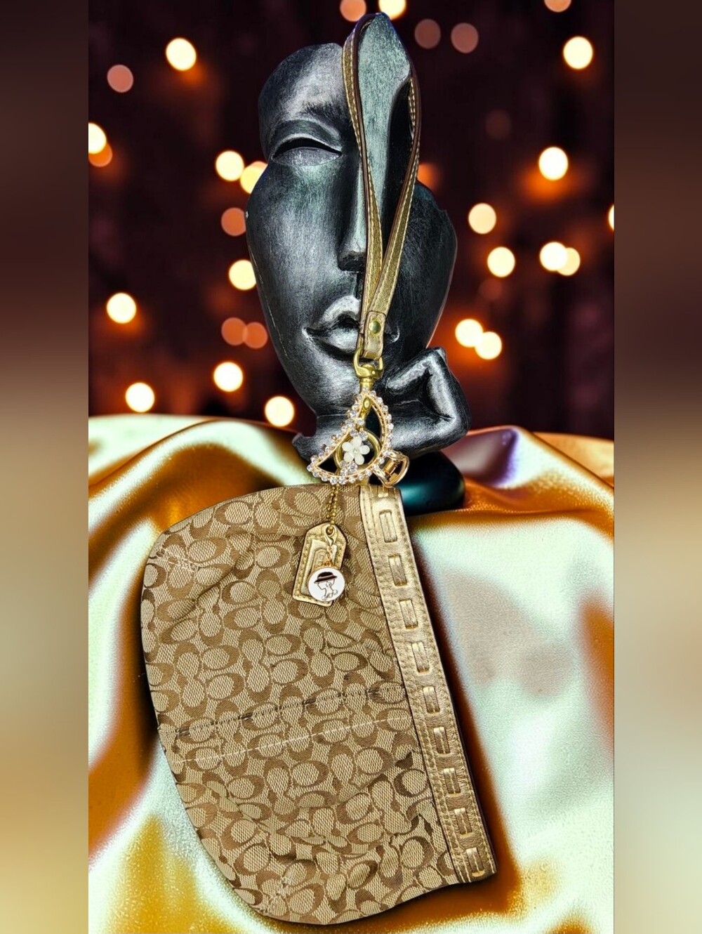 Vintage Coach Signature Jacquard Khaki Wristlet Pouch In Monogram Pattern